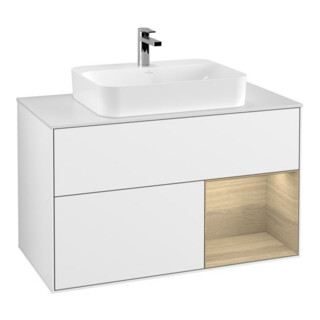 V&B Meuble sous lavabo Éclairage mural Finion 100, blanc brillant, laqué