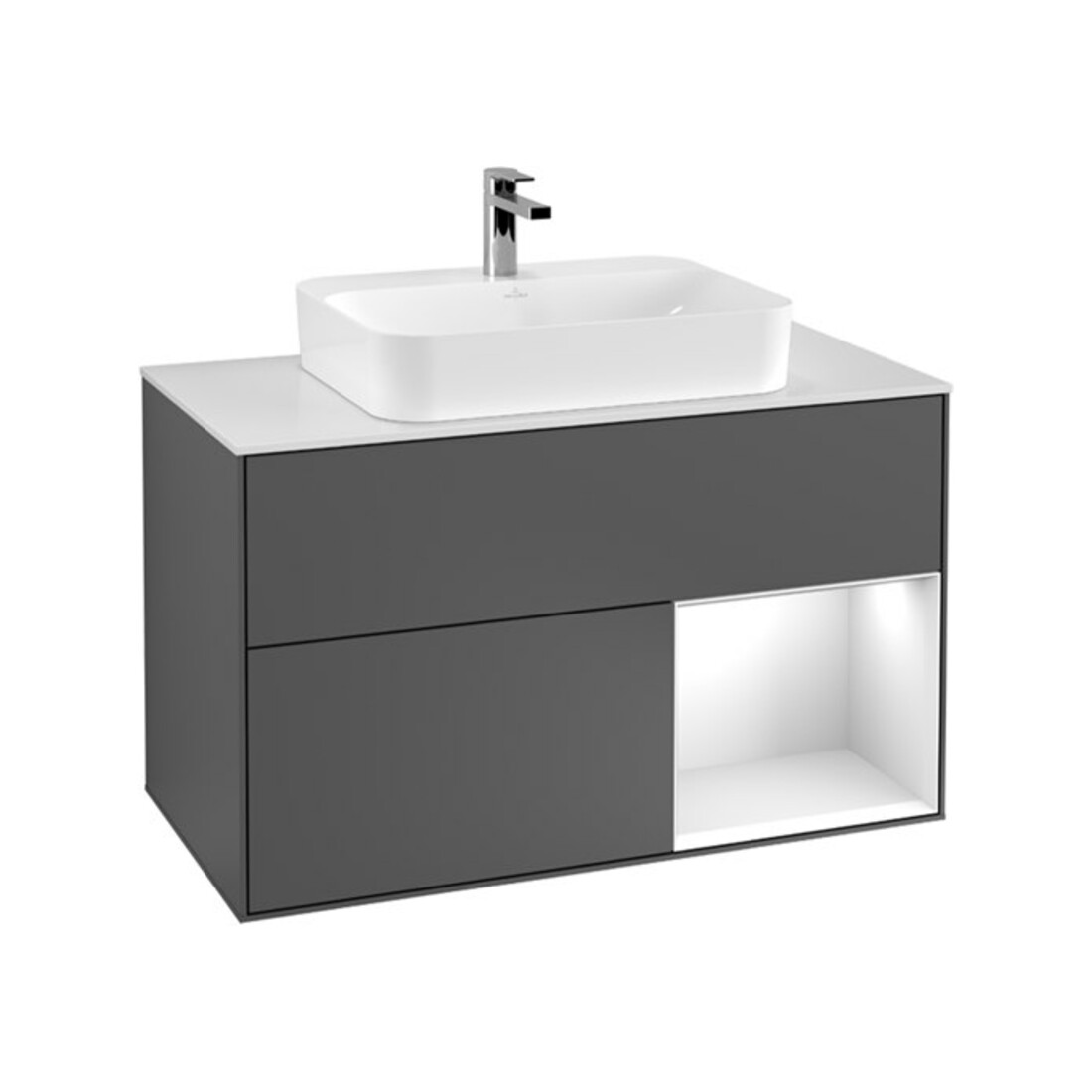 V&B Meuble sous lavabo Éclairage mural Finion 100, blanc mat, argent mat, laqué gris