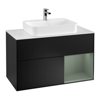 V&B Meuble sous lavabo Éclairage mural Finion 100, blanc mat, chêne naturel mat, bleu mat