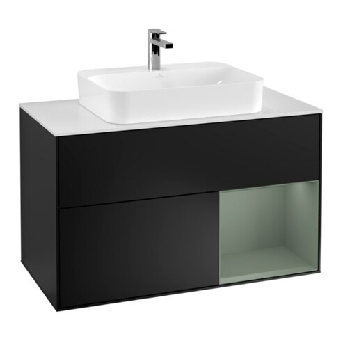 V&B Meuble sous lavabo Éclairage mural Finion 100, blanc mat, chêne naturel mat, bleu mat