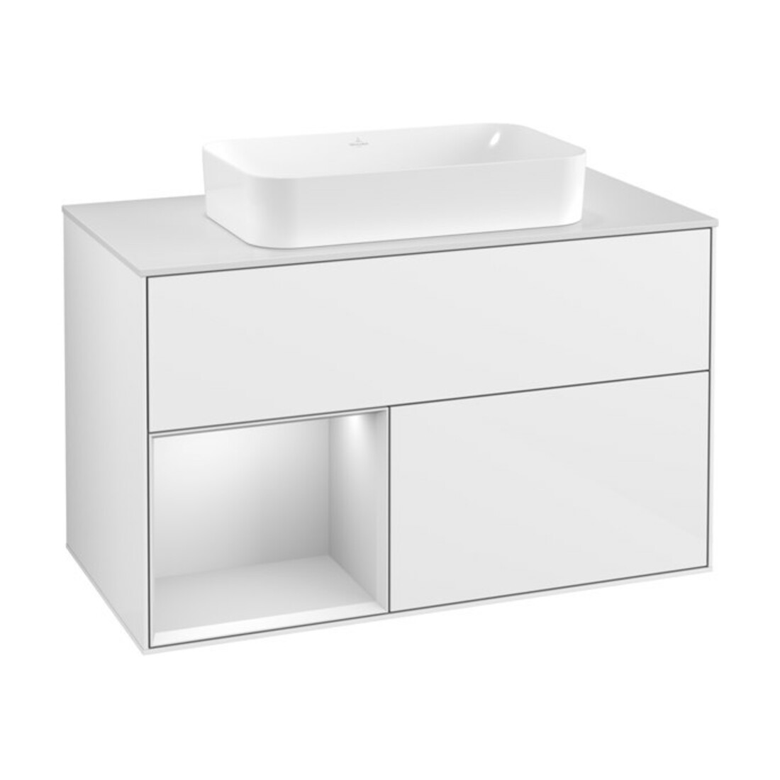 V&B Meuble sous lavabo Éclairage mural Finion 100, blanc mat, laque blanc brillant