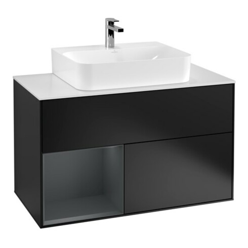 V&B Meuble sous lavabo Éclairage mural Finion 100, blanc mat, laqué, bleu mat, laqué