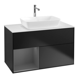 V&B Meuble sous lavabo Éclairage mural Finion 100, blanc mat, laqué, bleu mat laqué