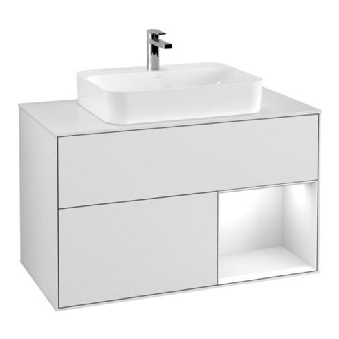 V&B Meuble sous lavabo Éclairage mural Finion 100, blanc mat, laqué brillant blanc, laqué blanc