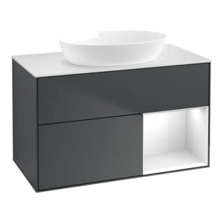 V&B Meuble sous lavabo Éclairage mural Finion 100, blanc mat, laqué gris, bleu moyen laqué