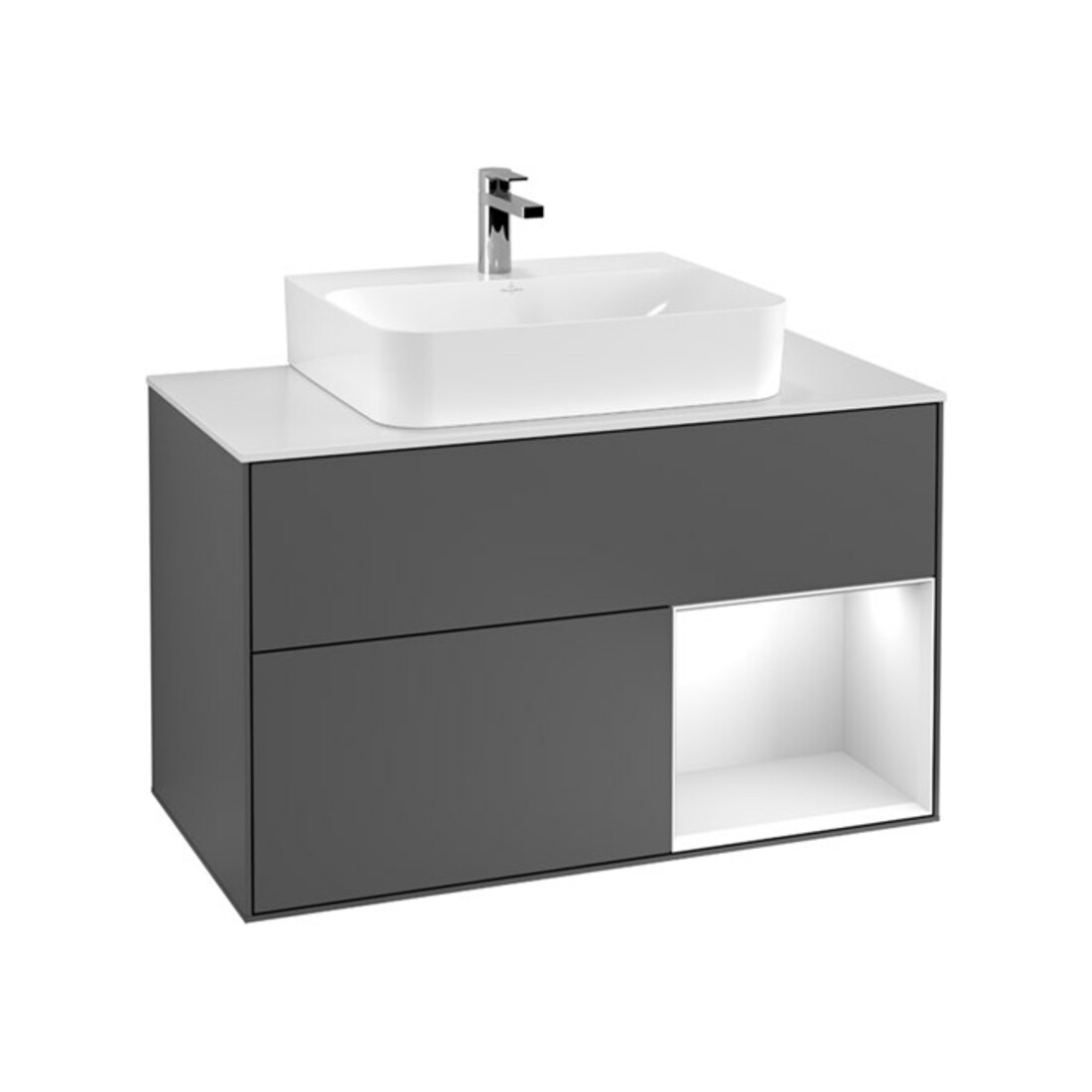 V&B Meuble sous lavabo Éclairage mural Finion 100, blanc mat, laqué gris mat
