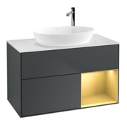 V&B Meuble sous lavabo Éclairage mural Finion 100, blanc mat, laqué or réglable, laqué bleu moyen