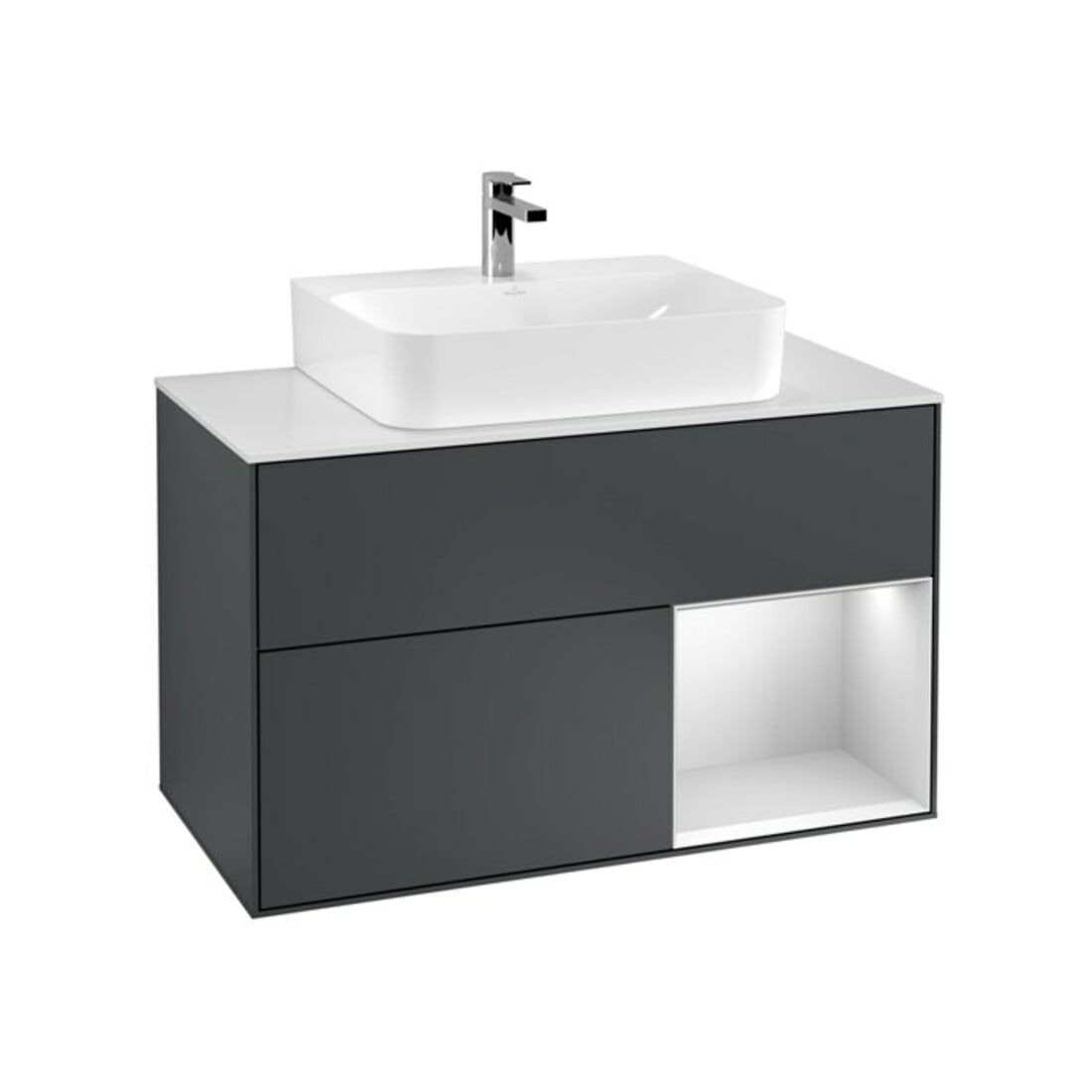 V&B Meuble sous lavabo Éclairage mural Finion 100, blanc mat, laqué rouge mat, MDF blanc mat laqué