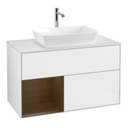 V&B Meuble sous-lavabo Éclairage mural Finion 100, blanc mat, placage noyer verni, laqué blanc brillant