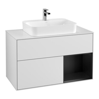 V&B Meuble sous lavabo Éclairage mural Finion 100, blanc mat, réglette bleu mat laqué, blanc mat laqué