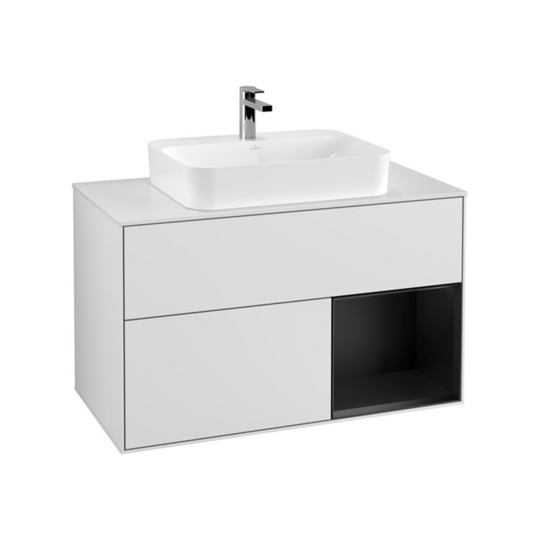 V&B Meuble sous lavabo Éclairage mural Finion 100, blanc mat, réglette bleu mat laqué, blanc mat laqué