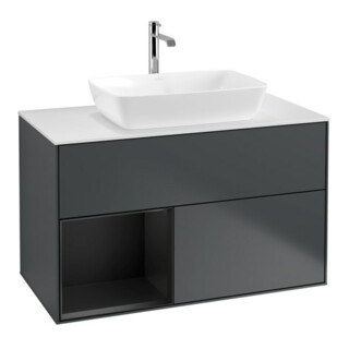 V&B Meuble sous lavabo Éclairage mural Finion 100, blanc mat, régulateur bleu mat laqué