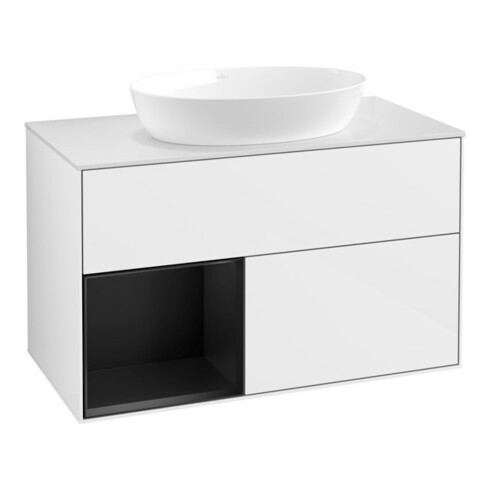 V&B Meuble sous lavabo Éclairage mural Finion 100, blanc mat, régulateur bleu mat, laqué blanc brillant
