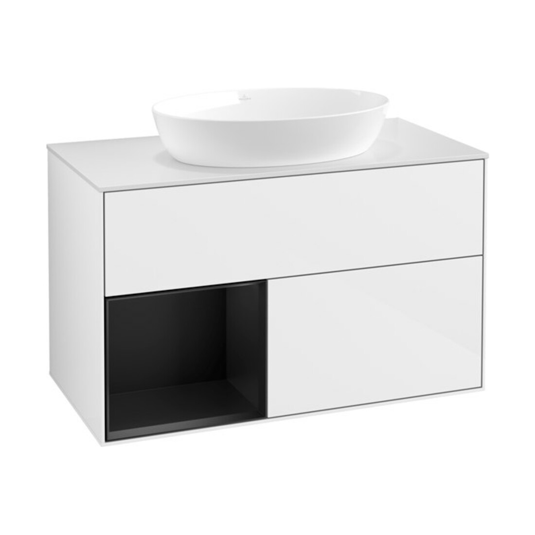 V&B Meuble sous lavabo Éclairage mural Finion 100, blanc mat, régulateur bleu mat, laqué blanc brillant