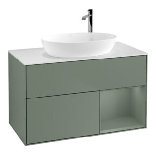 V&B Meuble sous lavabo Éclairage mural Finion 100, blanc mat, régulateur huileux avec laque