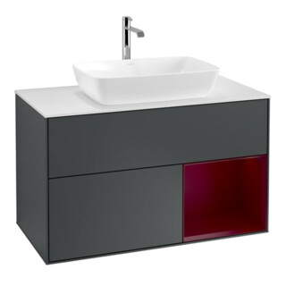 V&B Meuble sous-lavabo Éclairage mural Finion 100, blanc mat, régulé, laqué, mat bleu, laqué