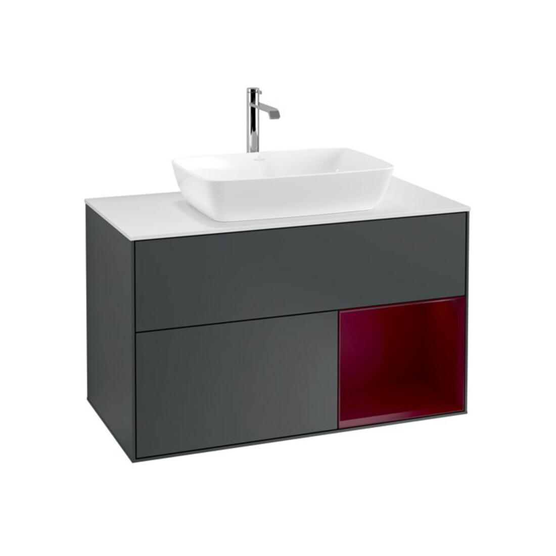 V&B Meuble sous-lavabo Éclairage mural Finion 100, blanc mat, régulé, laqué, mat bleu, laqué