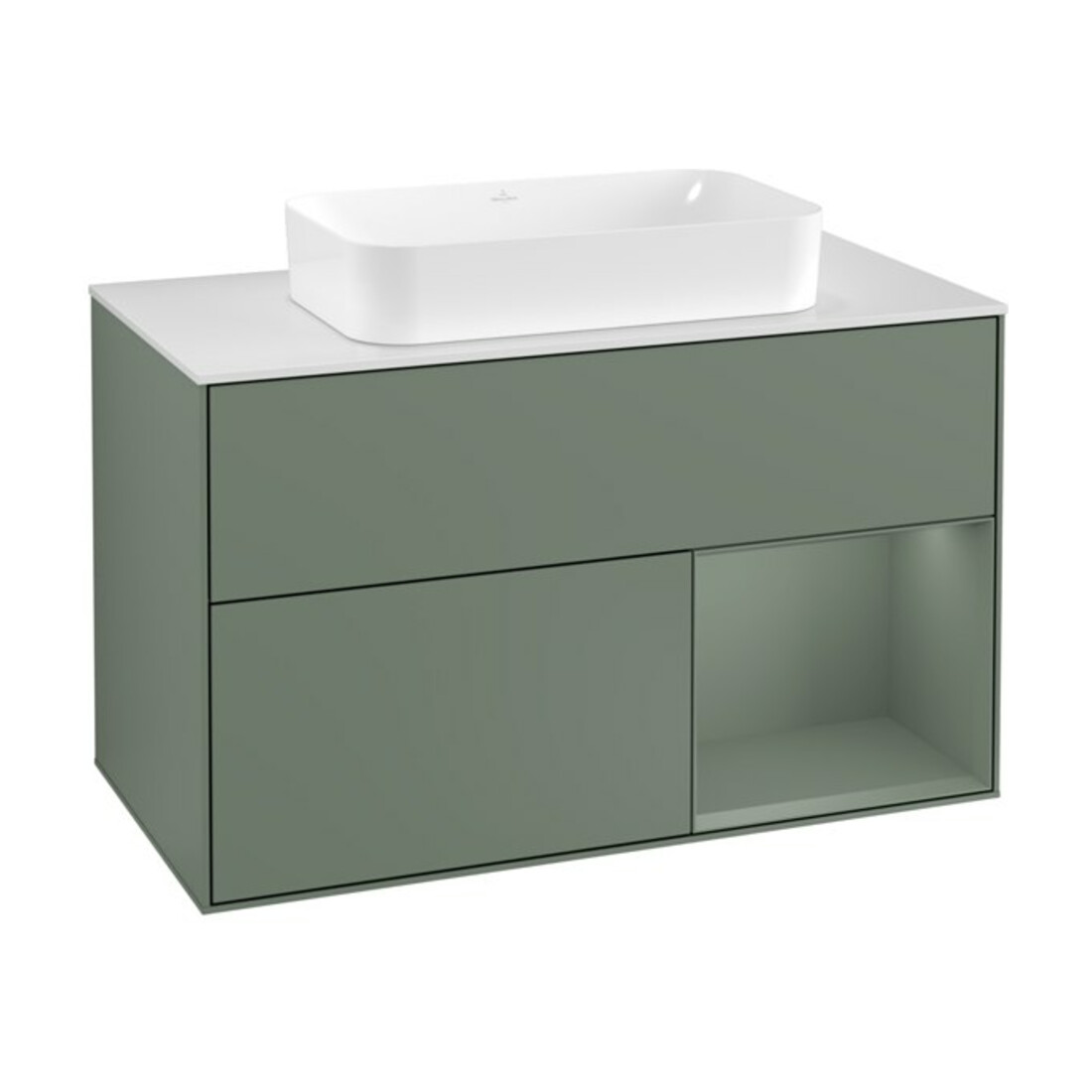 V&B Meuble sous lavabo Éclairage mural Finion 100, blanc mat, rouge olive mat laqué