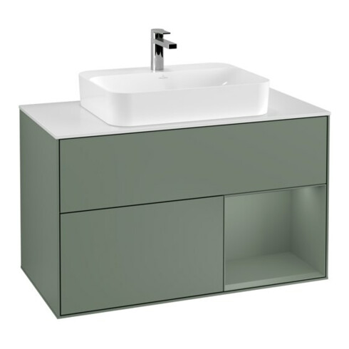 V&B Meuble sous-lavabo Éclairage mural Finion 100, blanc mat, rouge olivier mat laqué