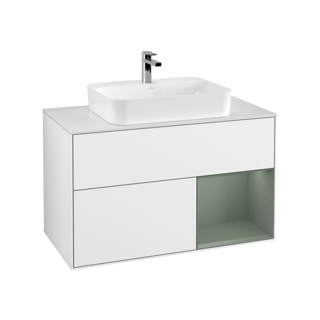 V&B Meuble sous lavabo Éclairage mural Finion 100, blanc mat, rouge or mat laqué, blanc brillant laqué