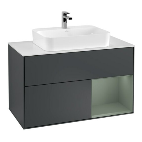 V&B Meuble sous lavabo Éclairage mural Finion 100, blanc mat, rouge orangé mat laqué, mat bleu mat laqué