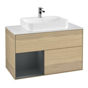 V&B Meuble sous lavabo Éclairage mural Finion 100, blanc mat, tiroir gauche, bleu mat, laqué, ouverture à ven