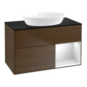 V&B Meuble sous-lavabo Éclairage mural Finion 100, bleu, étagère blanche avec laque, veinage noyer