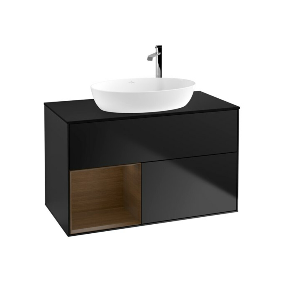 V&B Meuble sous-lavabo Éclairage mural Finion 100, bleu, étagère bois de noyer, bleu laqué