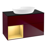 V&B Meuble sous lavabo Éclairage mural Finion 100, bleu, étagère or laqué, poignée m