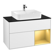 V&B Meuble sous lavabo Éclairage mural Finion 100, bleu, étagère réglable, blanc brillant, laqué