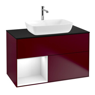 V&B Meuble sous lavabo Éclairage mural Finion 100, bleu, laqué, blanc brillant