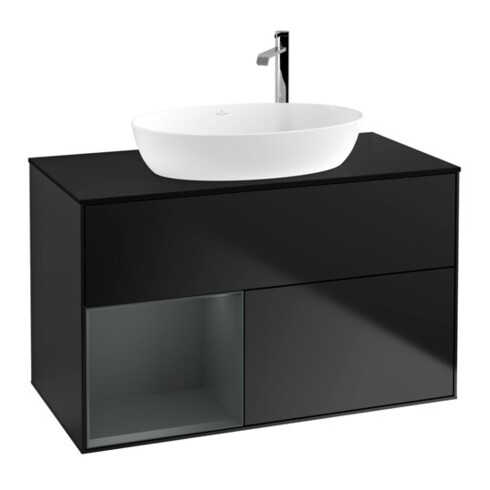 V&B Meuble sous lavabo Éclairage mural Finion 100, bleu mat, étagère médium mat laqué, bleu mat laqué