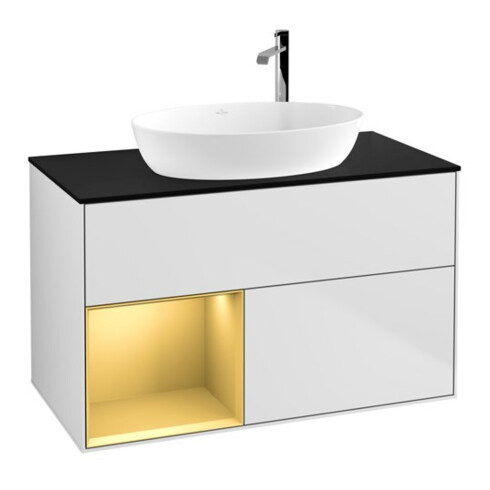 V&B Meuble sous lavabo Éclairage mural Finion 100, bleu mat, étagère or mat laqué, blanc mat laqué