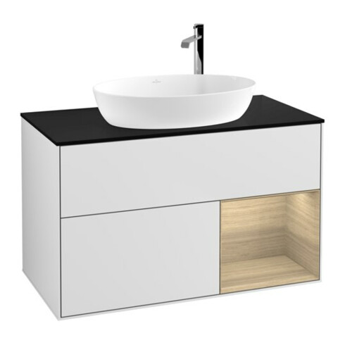 V&B Meuble sous lavabo Éclairage mural Finion 100, bleu, rég. Oa ven, blanc laqué