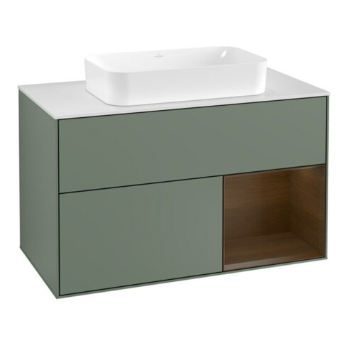 V&B Meuble sous lavabo Éclairage mural Finion 100, Pl blanc mat, Réglette réglable, Olivé mat laqué