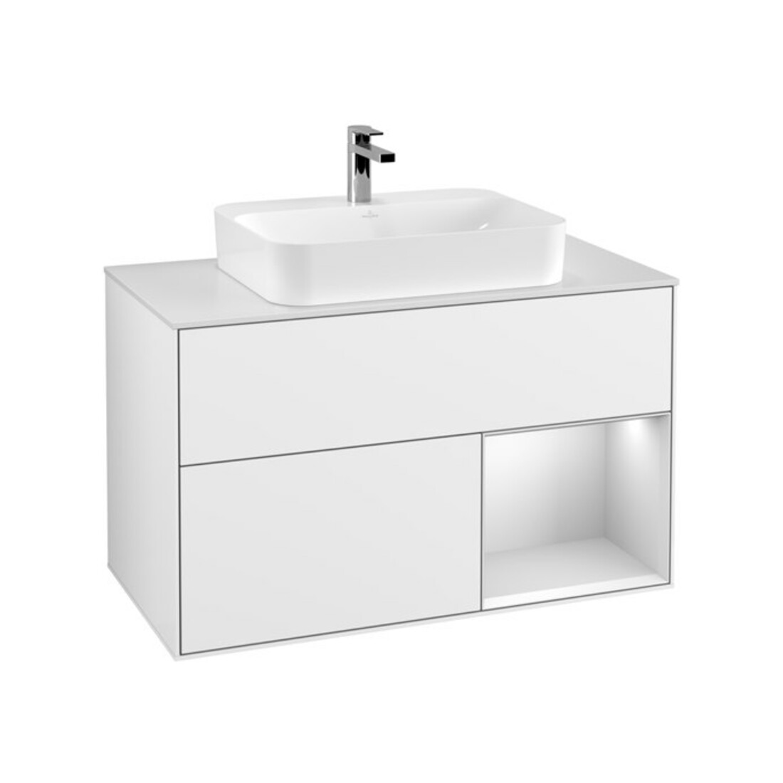 V&B Meuble sous lavabo Éclairage mural Finion 100, Pl blanc mat, Rg blanc brillant, blanc laqué, blanc brillant laqué