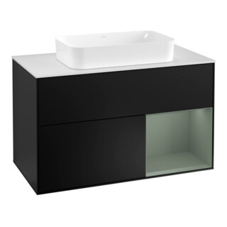 V&B Meuble sous lavabo Éclairage mural Finion 100, Pl blanc mat, Rg droite Olive mat Lac, bleu mat Lac