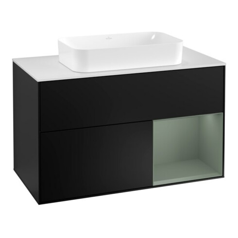 V&B Meuble sous lavabo Éclairage mural Finion 100, Pl blanc mat, Rg droite Olive mat Lac, bleu mat Lac