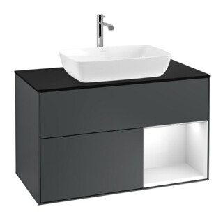 V&B Meuble sous lavabo Éclairage mural Finion 100, Pl blanc mat, Rg gris blanc laqué, avec bleu mat laqué
