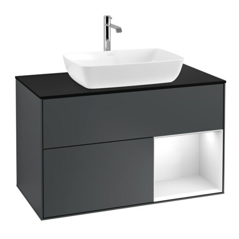 V&B Meuble sous lavabo Éclairage mural Finion 100, Pl blanc mat, Rg gris blanc laqué, avec bleu mat laqué