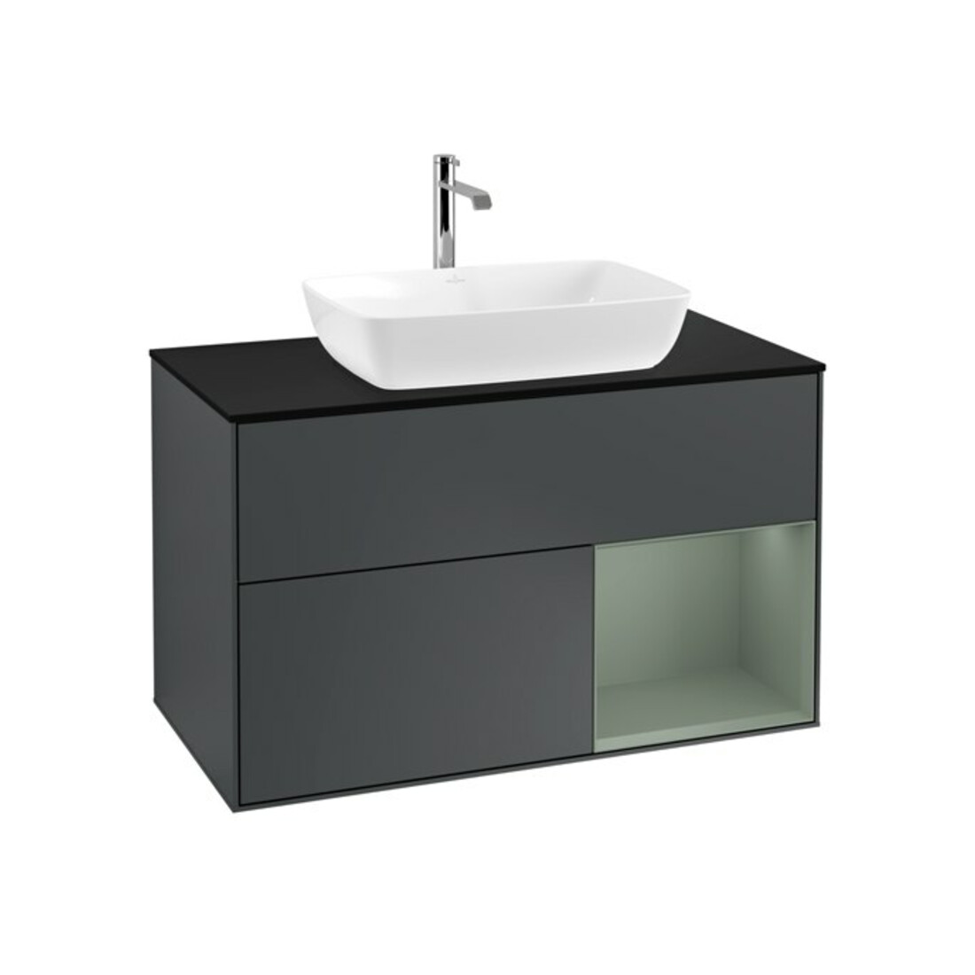 V&B Meuble sous-lavabo Éclairage mural Finion 100, Pl blanc mat, Rg Olive mat laqué, avec bleu mat laqué