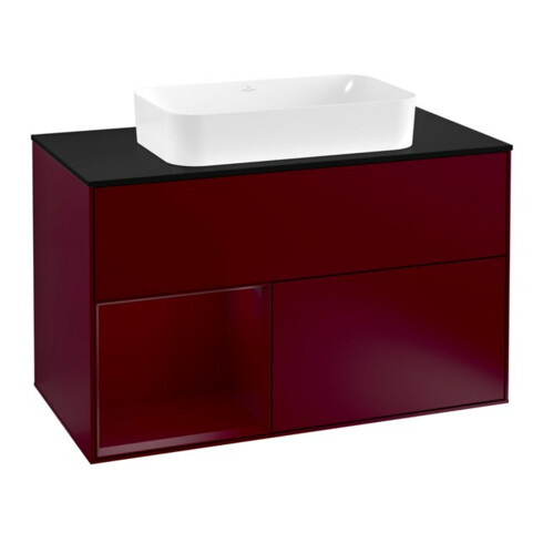 V&B Meuble sous-lavabo Éclairage mural Finion 100, plan de découpe bleu m, étagère gauche Peo, Peo m