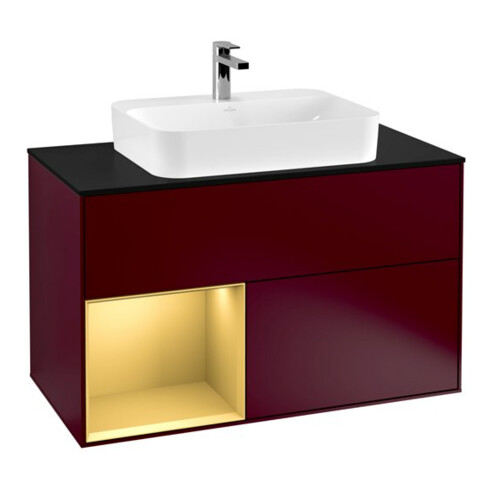 V&B Meuble sous lavabo Éclairage mural Finion 100, Plaque abd. bleue, étag. gauche dorée, Peo m