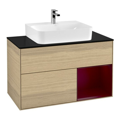 V&B Meuble sous lavabo Éclairage mural Finion 100, plaque abd. bleue, rég. droite Peo, Oa ven