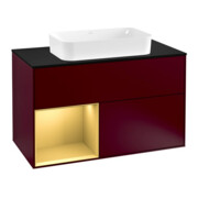 V&B Meuble sous-lavabo Éclairage mural Finion 100, plaque d’abd. bleue, étagère gauche, poignée m