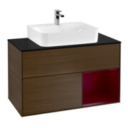 V&B Meuble sous lavabo Éclairage mural Finion 100, plaque de fermeture bleue m, tablette droite Peo, veinage noyer