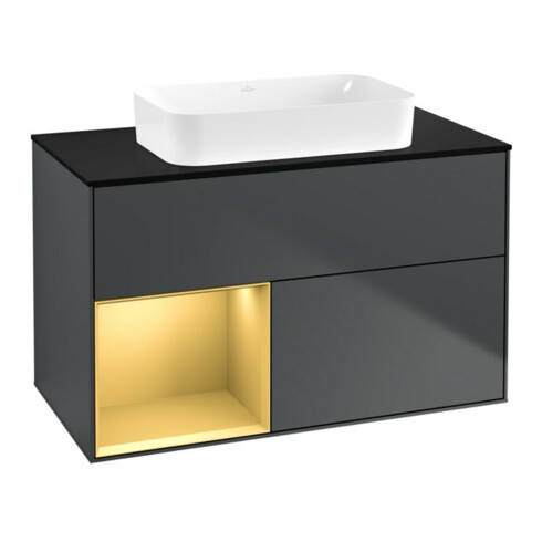 V&B Meuble sous lavabo Éclairage mural Finion 100x60,3 cm, étagère gauche, gris métallique avec laque