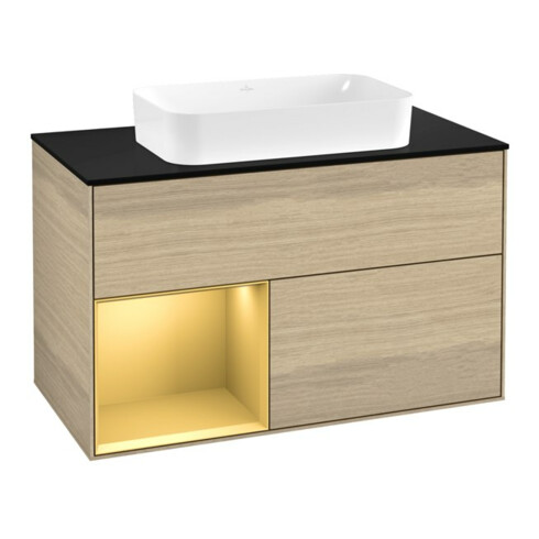V&B Meuble sous lavabo Éclairage mural Finion 100x60,3 cm, rég. gauche, placage chêne mat