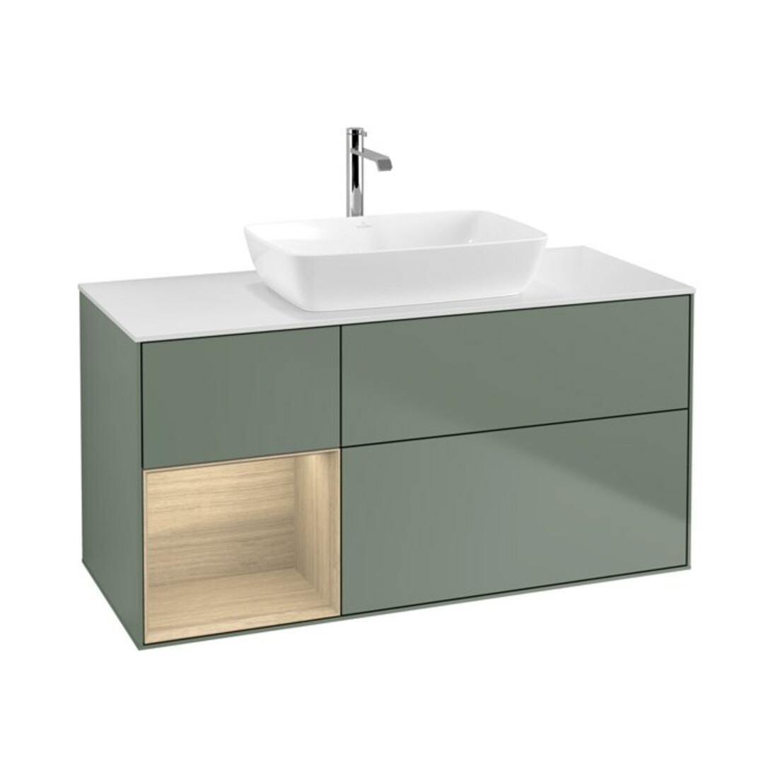 V&B Meuble sous-lavabo Éclairage mural Finion 120 cm, blanc, avec étagère, huile avec laque