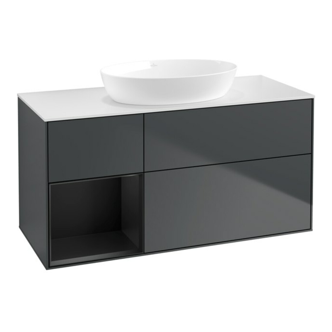 V&B Meuble sous lavabo Éclairage mural Finion 120 cm, blanc mat, gris brillant, mat bleu brillant